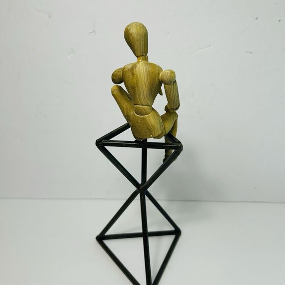 Wooden Jointed Artist Figure Sitting on Metal Stand Modern Figurine Decor 10" - Picture 5 of 7
